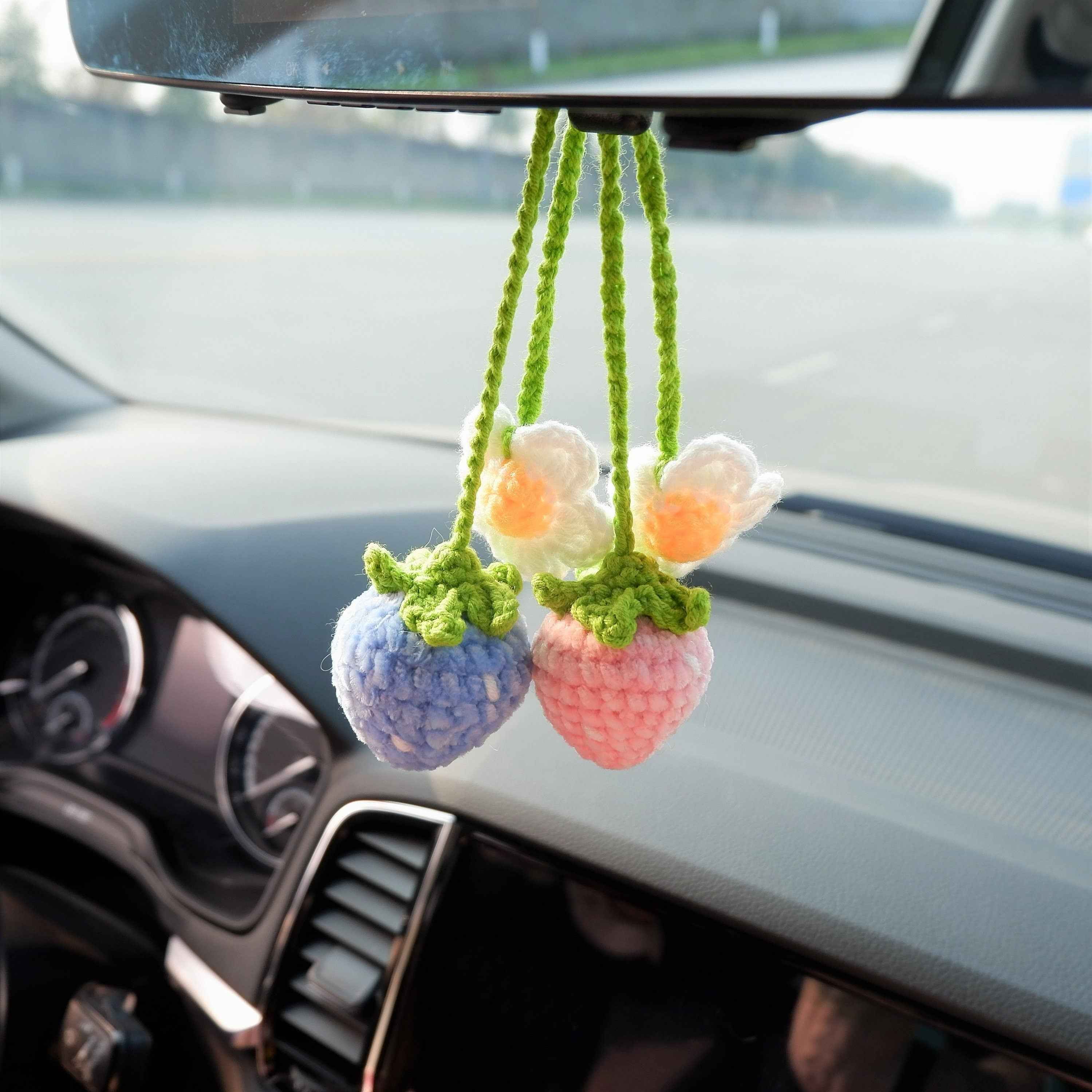 2Pcs Crochet Car Mirror Accessory- Fluffy Strawberry