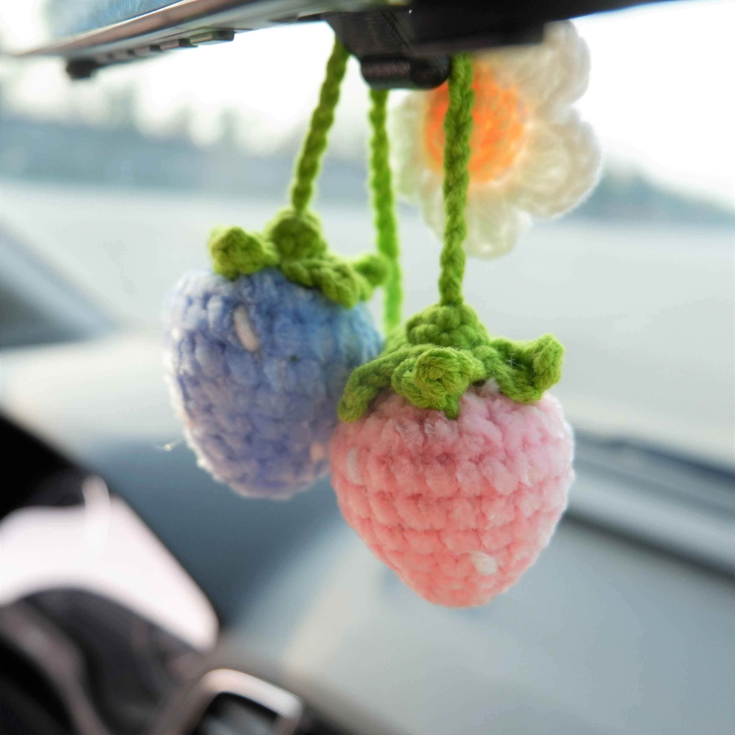 2Pcs Crochet Car Mirror Accessory- Fluffy Strawberry