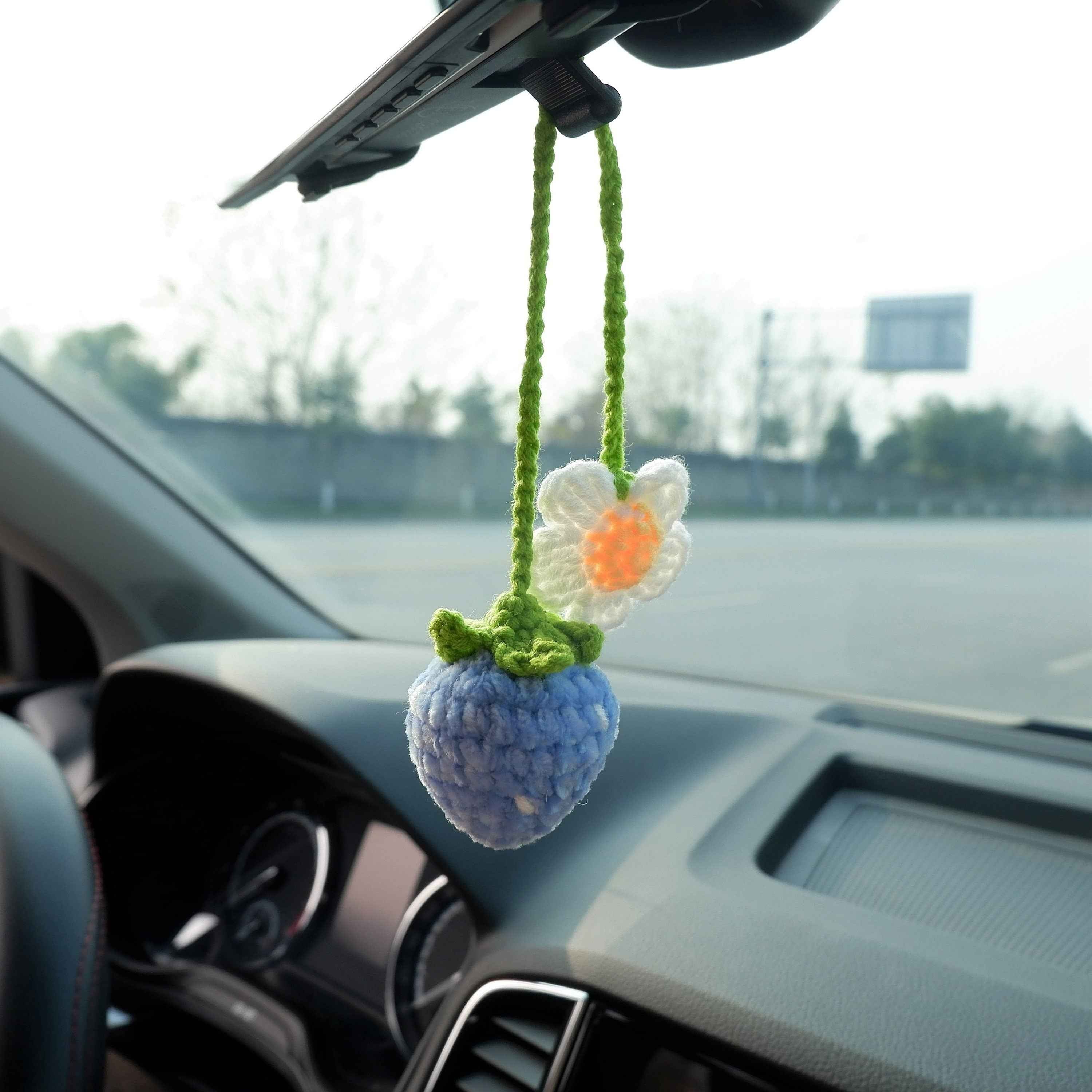 2Pcs Crochet Car Mirror Accessory- Fluffy Strawberry
