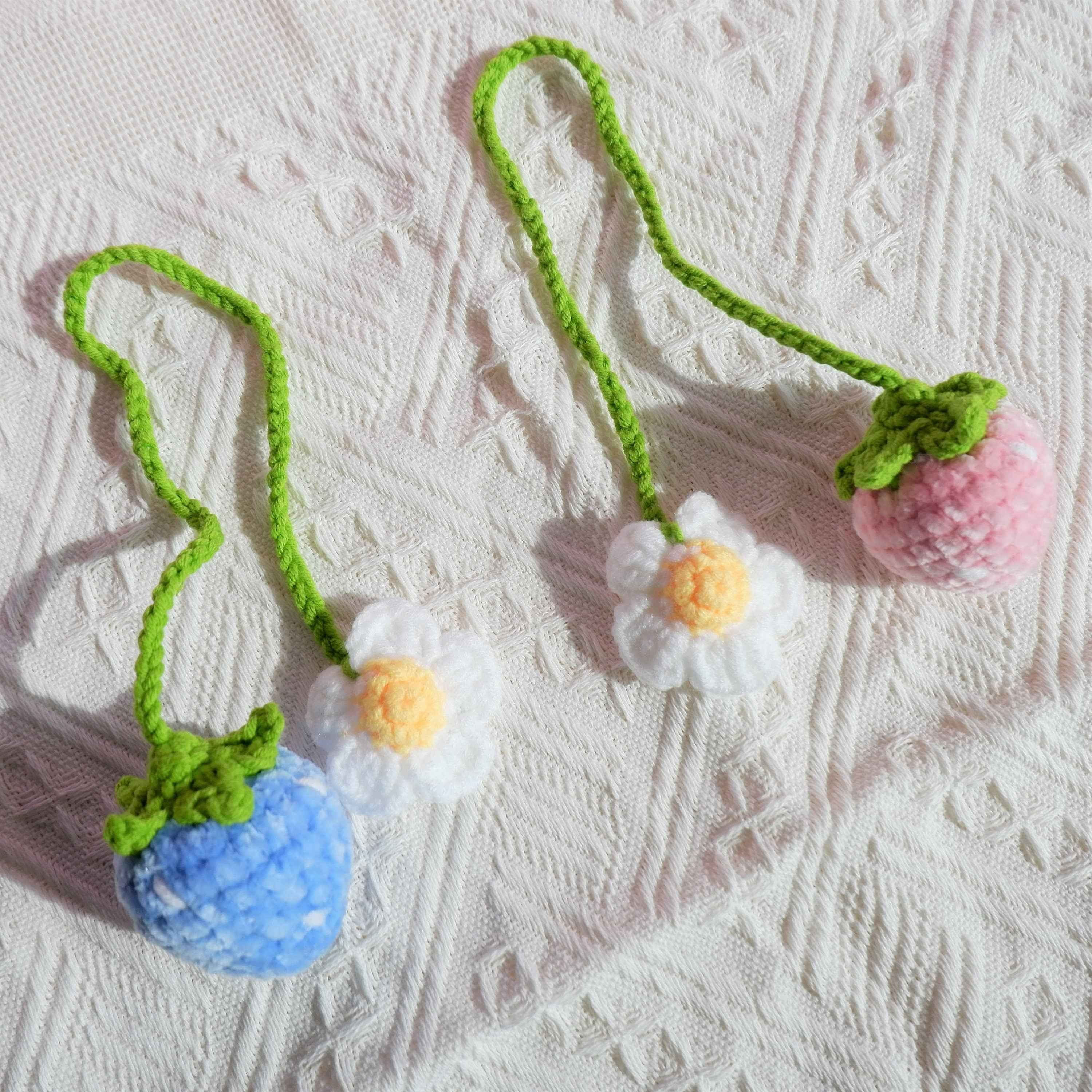 2Pcs Crochet Car Mirror Accessory- Fluffy Strawberry