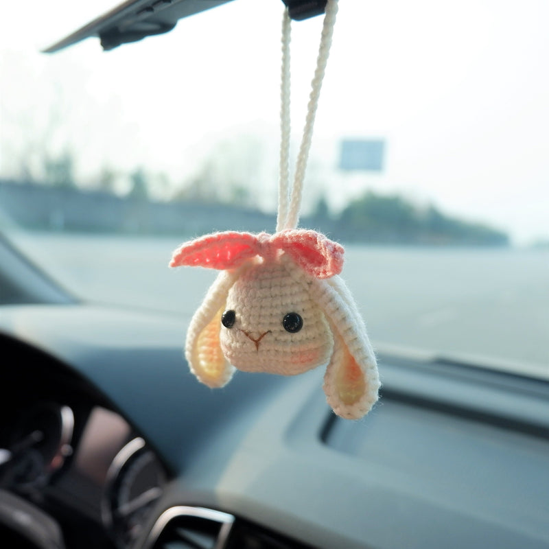 Kawaii Car Mirror Hanging Accessory, Crochet Lop Eared Bunny Car Mirror Accessory, Rear View Mirror Bunny Accessory, Cute Car Accessory