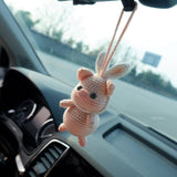 Cute Car Mirror Hanging Accessories, Crochet Piggy with Bunny Ears Car Rear View Mirror Accessory, Kawaii Car Accessory for Women/Teens