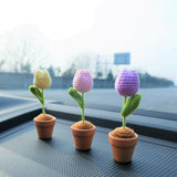 2Pcs Mini Plant Car Accessories, Crochet Tulip/Daisy Potted Car Dashboard Decor, Boho Car Accessories for Women, Car Decoration Interior