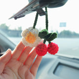 Crochet Cherry & Daisy Car Mirror Hanging Accessories, Cute Car Mirror Accessories for Women, Interior Car Decor Boho, Car Mirror Charm