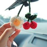 Crochet Cherry & Daisy Car Mirror Hanging Accessories, Cute Car Mirror Accessories for Women, Interior Car Decor Boho, Car Mirror Charm