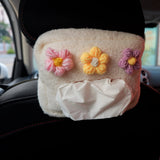 Crochet Fluffy Flower Car Tissue Box, Berber Fleece/Sherpa Car Tissue Box Holder, Cute Tissue Cover, Winter Car Accessories for Women