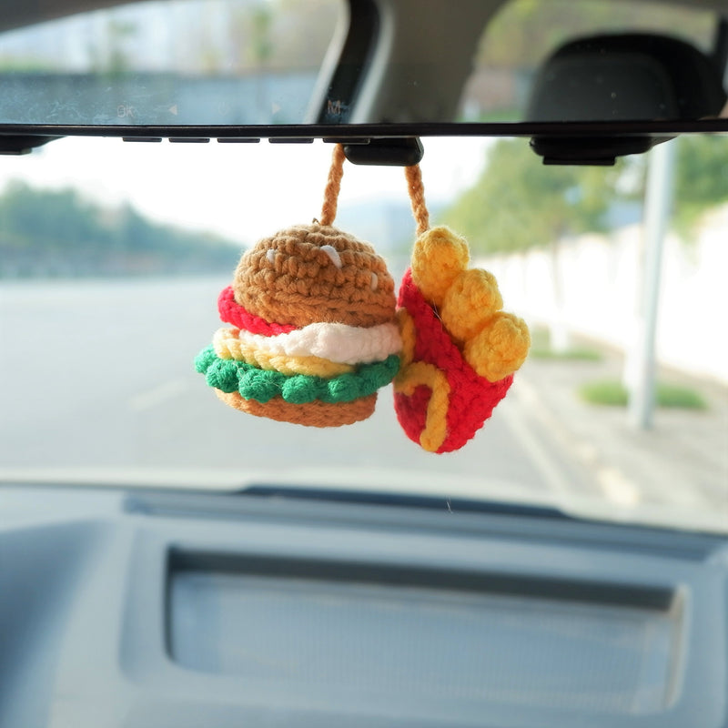 Hamburger & Chips Car Hanging Accessory, Crochet Car Mirror Hanging Accessory for Women, Car Interior Accessory, Car Charm Rear View Mirror