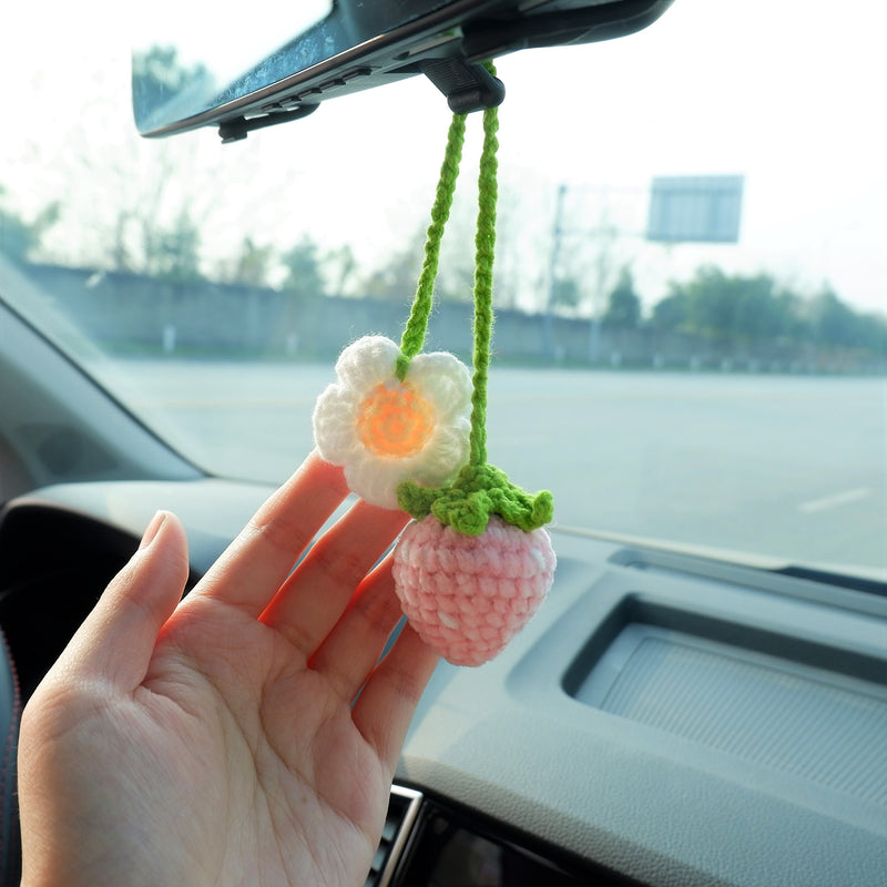 2 Pcs Crochet Strawberry Car Hanging Ornaments Car Rearview Mirror