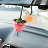 Crochet Strawberry & Daisy Car Hanging Accessories, Kawaii Gradient Strawberry Car Mirror Hanging Accessory for Women, Car Interior Decor