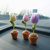 2Pcs Mini Plant Car Accessories, Crochet Tulip/Daisy Potted Car Dashboard Decor, Boho Car Accessories for Women, Car Decoration Interior