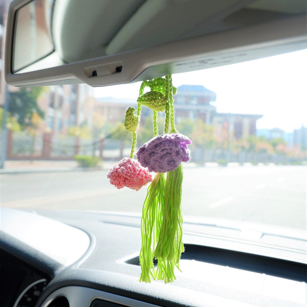 2pcs Waffle Flower Car Mirror Hanging Accessories, Crochet Rainbow Flower  Car Rear View Mirror Accessories, Car Interior Accessory for Women 