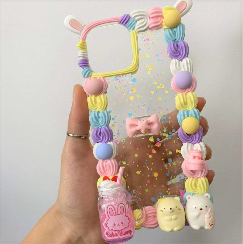 Decoden Phone Case, Bunny/Heart/Dango/Bow Phone Case, Rainbow Cream Border Whip iPhone Case, Phone Case for iPhone 11/12/13, OnePlus, Galaxy