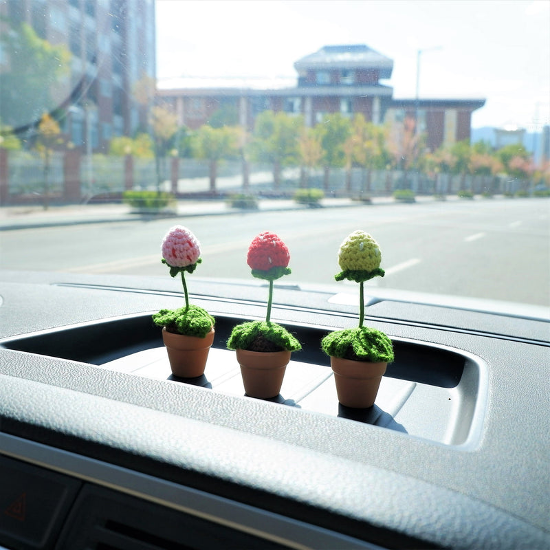 3pcs/2Pcs Mini Strawberry Car Accessories, Crochet Red/Green/Pink Strawberry Car Dashboard Decor, Boho Mini Plant Car Interior Accessory