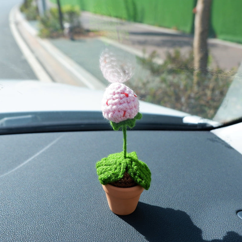 3pcs/2Pcs Mini Strawberry Car Accessories, Crochet Red/Green/Pink Strawberry Car Dashboard Decor, Boho Mini Plant Car Interior Accessory