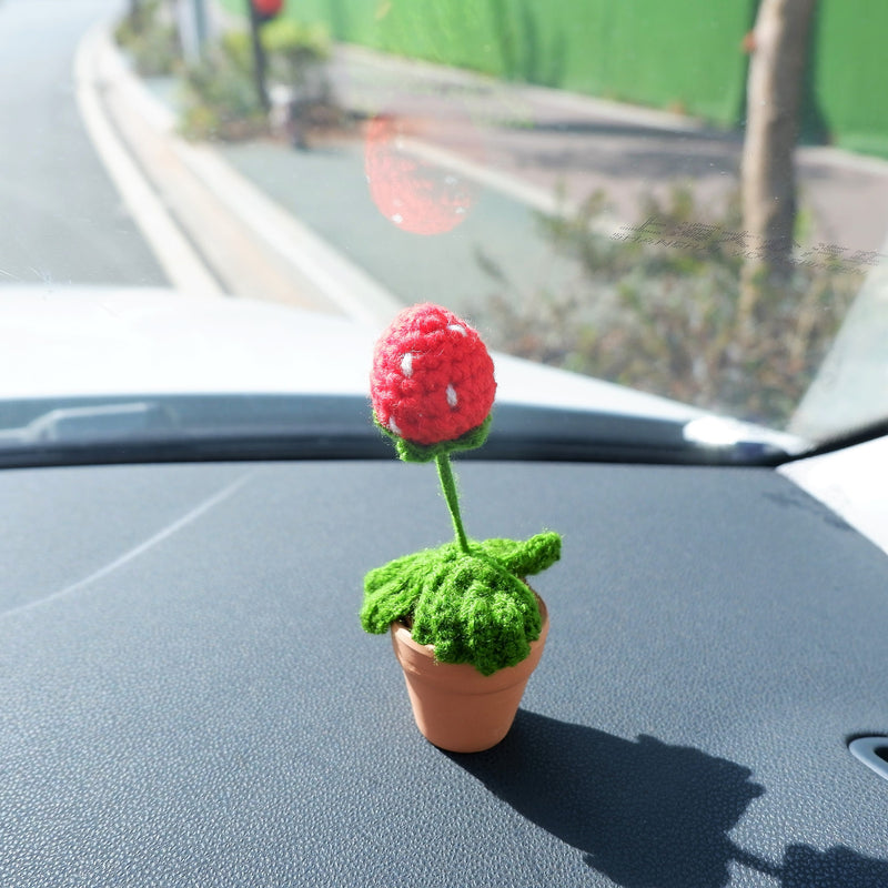 3pcs/2Pcs Mini Strawberry Car Accessories, Crochet Red/Green/Pink Strawberry Car Dashboard Decor, Boho Mini Plant Car Interior Accessory