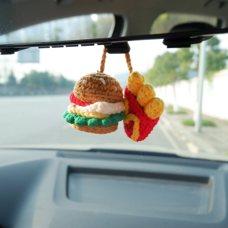 Hamburger & Chips Car Hanging Accessory, Crochet Car Mirror Hanging Accessory for Women, Car Interior Accessory, Car Charm Rear View Mirror