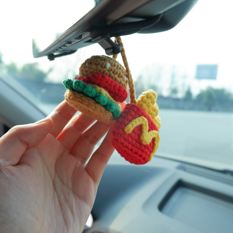 Hamburger & Chips Car Hanging Accessory, Crochet Car Mirror Hanging Accessory for Women, Car Interior Accessory, Car Charm Rear View Mirror