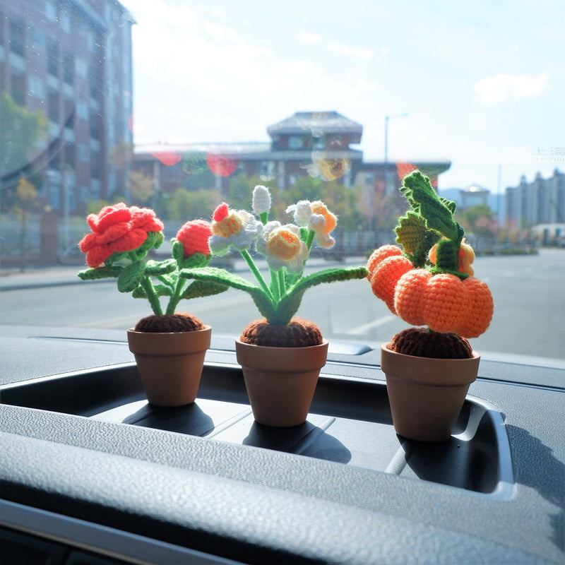 Crochet Mini Potted Plants, Rose/Daffodil/Pumpkin Car Dashboard Decor, Kawaii Car Accessory, Work from Home Gift, Office Desk Accessories