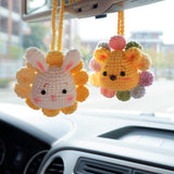 Car Mirror Hanging Charm, Crochet Rainbow Sunflower Bear/Piggy/Bunny Head Car Rear View Mirror Accessory, Kawaii Car Interior Accessory