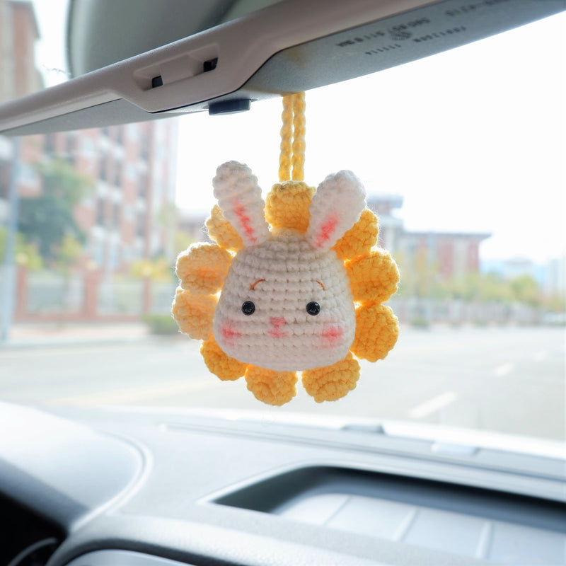 Car Mirror Hanging Charm, Crochet Rainbow Sunflower Bear/Piggy/Bunny Head Car Rear View Mirror Accessory, Kawaii Car Interior Accessory