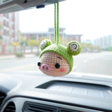 Cute Car Mirror Accessory, Crochet Sunflower/Frog/Strawberry Hat Piggy Car Rear View Mirror Hanging Accessory, Kawaii Car Interior Accessory