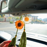 2Pcs Crochet Sunflower/Daisy Car Mirror Accessories, Hanging Tassels Car Rear View Mirror Hanging Accessory, Boho Retro Car Interior Decor