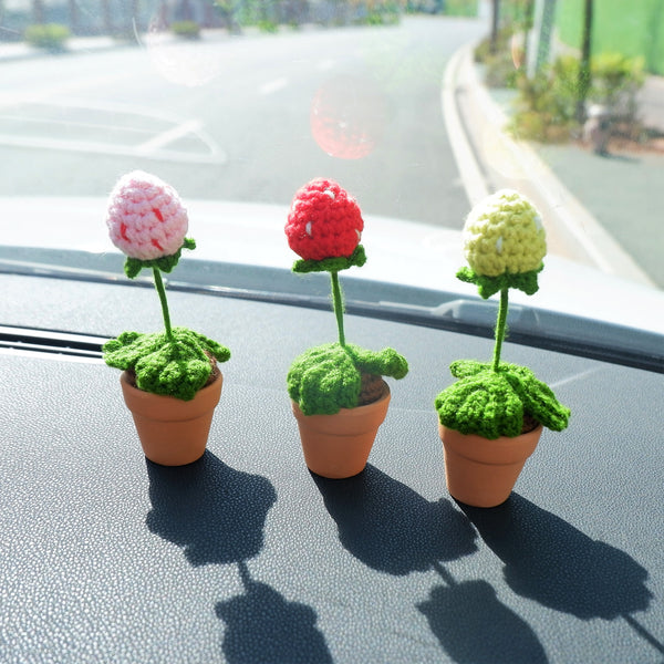 3pcs/2Pcs Mini Strawberry Car Accessories, Crochet Red/Green/Pink Strawberry Car Dashboard Decor, Boho Mini Plant Car Interior Accessory