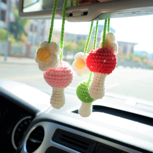 2Pcs Crochet Mushroom & Daisy Car Mirror Accessory, Cute Mushroom Car Rear View Mirror Accessories, Boho Interior Car Accessory for Women