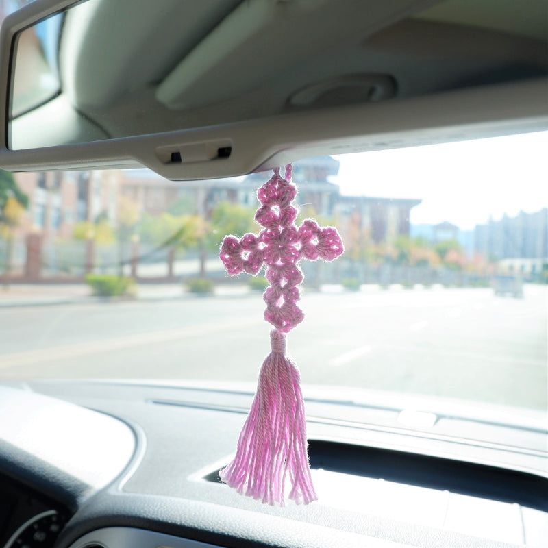 Crochet Cross with Tassels, Cross Car Mirror Accessories, Car Rear View Mirror Hanging Accessory, Boho Retro Car Interior Accessory