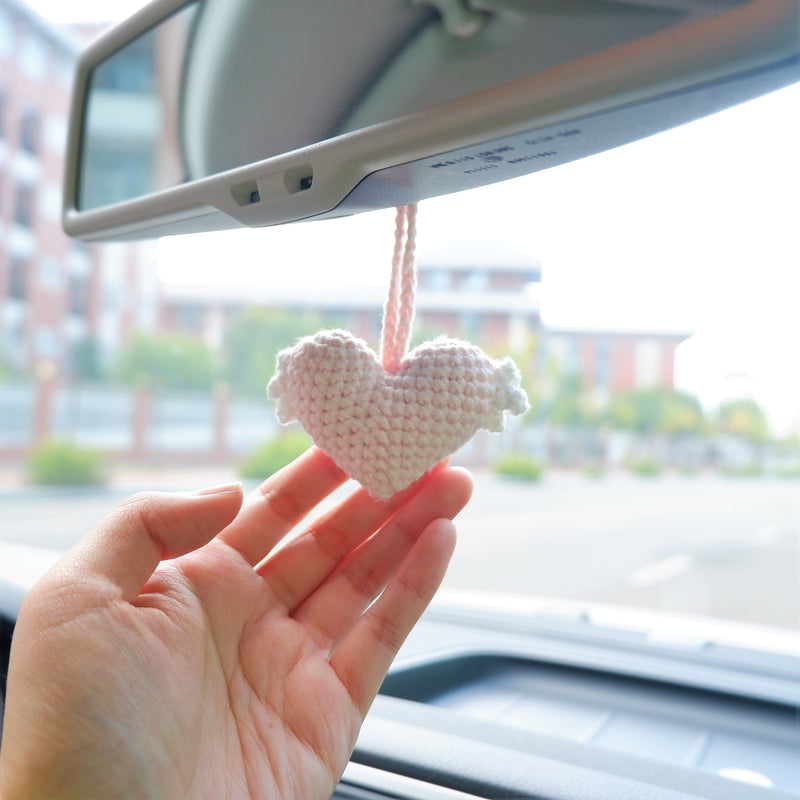 2Pcs Crochet Hearts Wings Car Mirror Accessories, Cute Hearts Car Rear View Mirror Hanging Accessory for Women, Car Interior Decor Boho