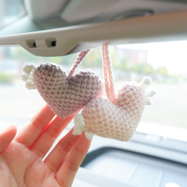 2Pcs Crochet Hearts Wings Car Mirror Accessories, Cute Hearts Car Rear View Mirror Hanging Accessory for Women, Car Interior Decor Boho