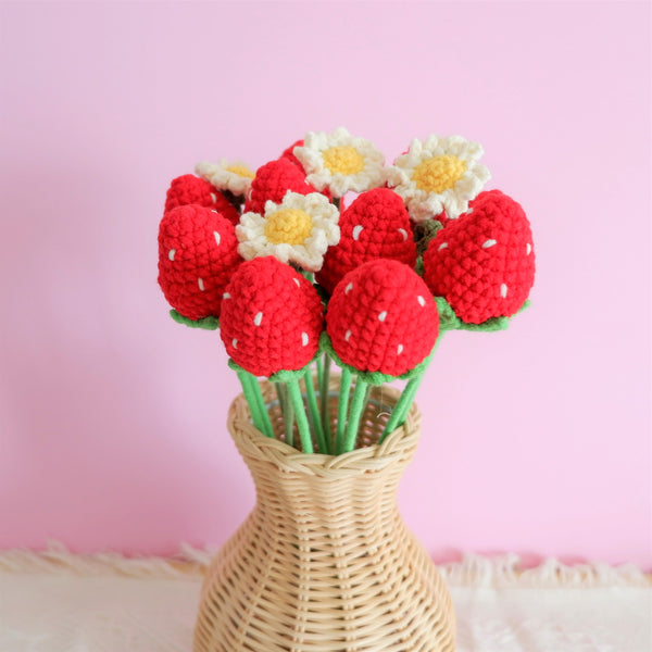 Crochet Strawberry & Daisy Bouquet, Red Strawberry Bunch, Crochet Floral Arrangements, Knitted Everlasting Flower, Office Desk Decor