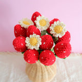 Crochet Strawberry & Daisy Bouquet, Red Strawberry Bunch, Crochet Floral Arrangements, Knitted Everlasting Flower, Office Desk Decor