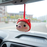 Cute Car Mirror Accessory, Crochet Sunflower/Frog/Strawberry Hat Piggy Car Rear View Mirror Hanging Accessory, Kawaii Car Interior Accessory