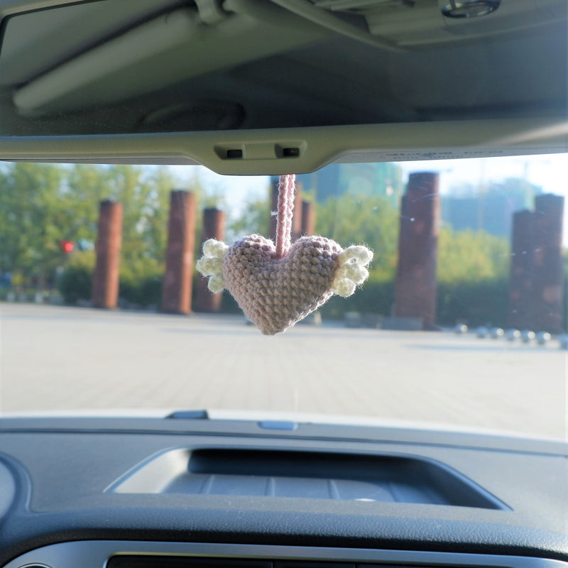 2Pcs Crochet Hearts Wings Car Mirror Accessories, Cute Hearts Car Rear View Mirror Hanging Accessory for Women, Car Interior Decor Boho