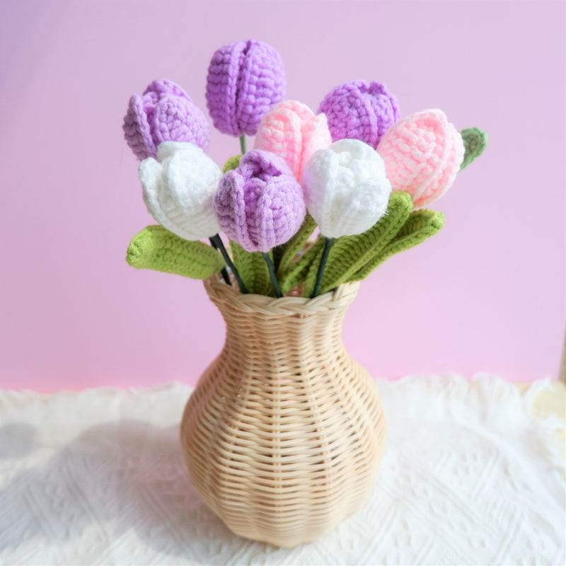 Crochet Tulip Bouquet, Rainbow Tulip Flower Bunch, Crochet Floral Arrangements, Knitted Everlasting Flower, Office Desk Decor, Gift for Her