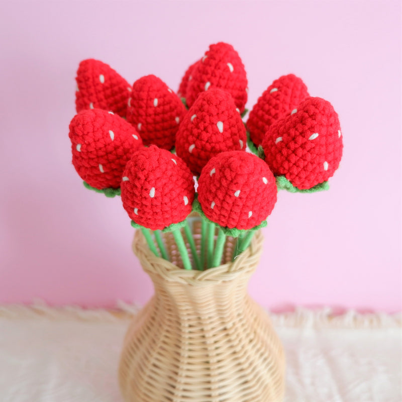 Crochet Strawberry & Daisy Bouquet, Red Strawberry Bunch, Crochet Floral Arrangements, Knitted Everlasting Flower, Office Desk Decor