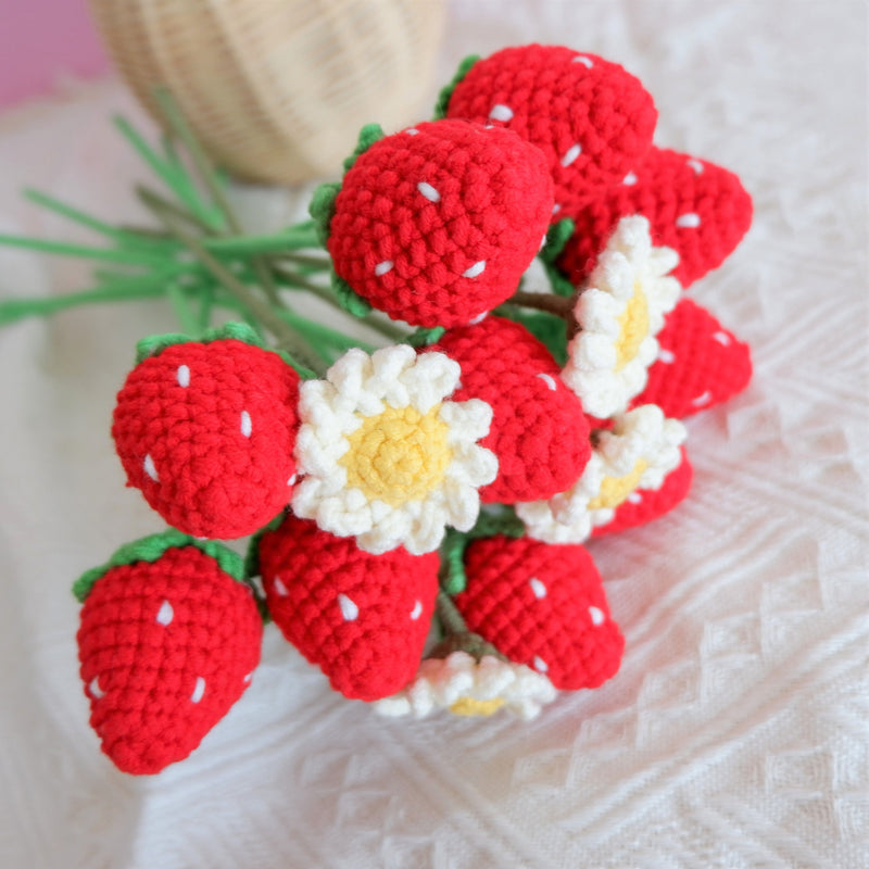 Crochet Strawberry & Daisy Bouquet, Red Strawberry Bunch, Crochet Floral Arrangements, Knitted Everlasting Flower, Office Desk Decor