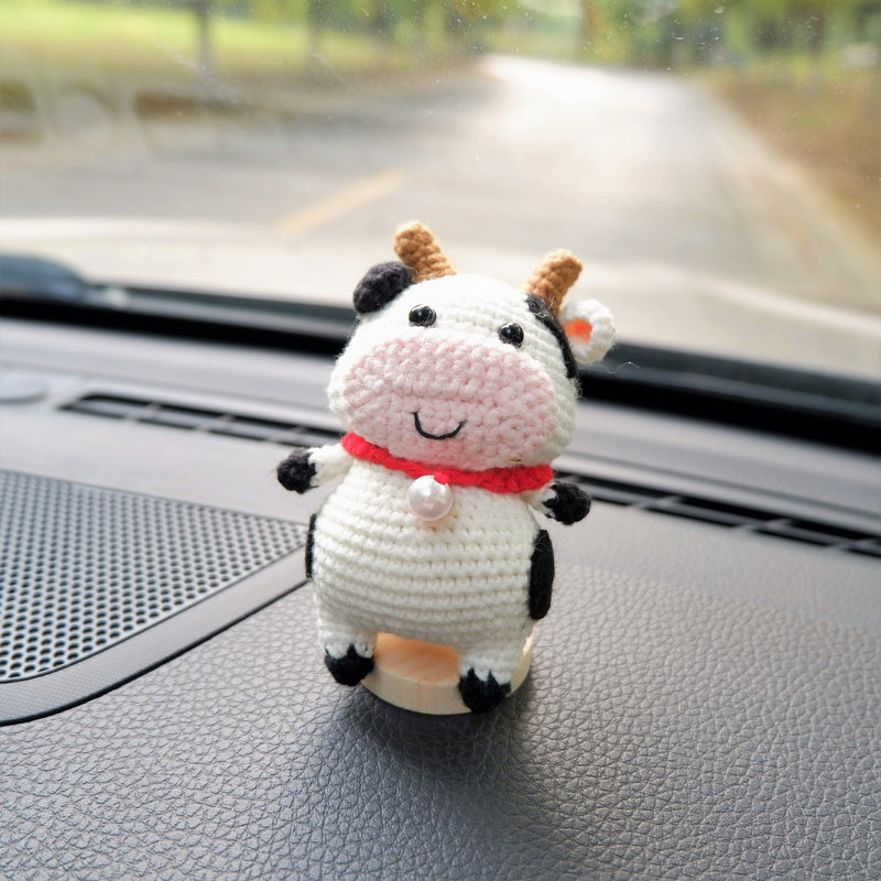 Crochet Cow Car Dashboard Decor, Chunky Cow Car Dashboard Accessory, Cute Interior Car Accessory for Women, Animal Car Charm, Gifts for Her