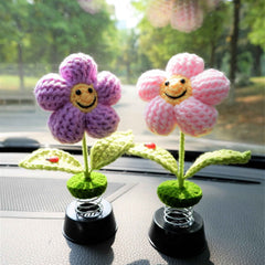 Crochet Car Dashboard Bobblehead Decor- Smiley Waffle Flower