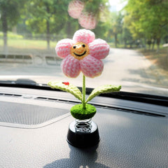 Crochet Car Dashboard Bobblehead Decor- Smiley Waffle Flower