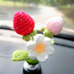 Crochet Car Bobblehead Dashboard Decor- Strawberry & Daisy