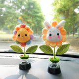 Cute Bobblehead Animals Car Dashboard Decor, Crochet Rainbow Sunflower Pig/Bunny/Bear Car Accessory for Women/Teens, Boho Car Air Freshener