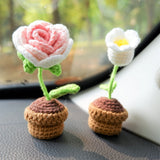 3pcs/2Pcs Mini Rose/Lily of the Valley Car Interior Accessories, Boho Gradient Rose Car Dashboard Decor, Cute Crochet Mini Potted Plant