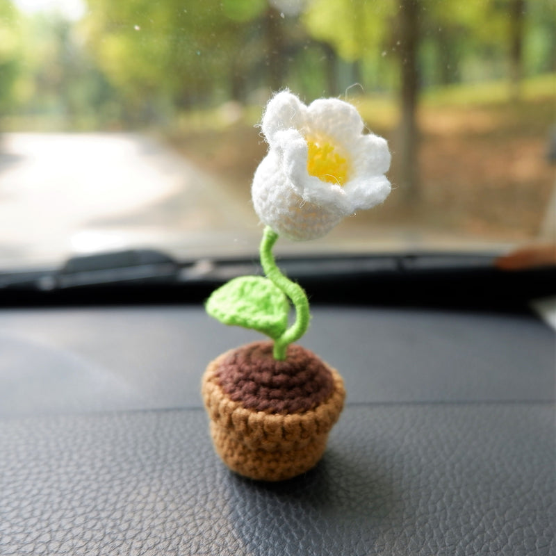 3pcs/2Pcs Mini Rose/Lily of the Valley Car Interior Accessories, Boho Gradient Rose Car Dashboard Decor, Cute Crochet Mini Potted Plant