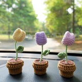 3pcs/2Pcs Mini Tulip Car Accessories, Crochet Pink/Purple/Yellow Tulip Car Dashboard Decor, Boho Mini Potted Plant Car Interior Accessory