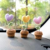 3pcs/2Pcs Mini Hearts Flower Car Accessories, Crochet Pastel Hearts Car Dashboard Decor, Boho Mini Potted Plant Car Interior Accessory