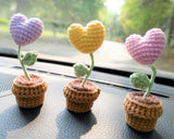 3pcs/2Pcs Mini Hearts Flower Car Accessories, Crochet Pastel Hearts Car Dashboard Decor, Boho Mini Potted Plant Car Interior Accessory