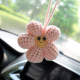 Kawaii Smiley Waffle Flower Car Mirror Hanging Accessories, Crochet Flower Car Rear View Mirror Accessories, Car Mirror Charm Hanging Decor