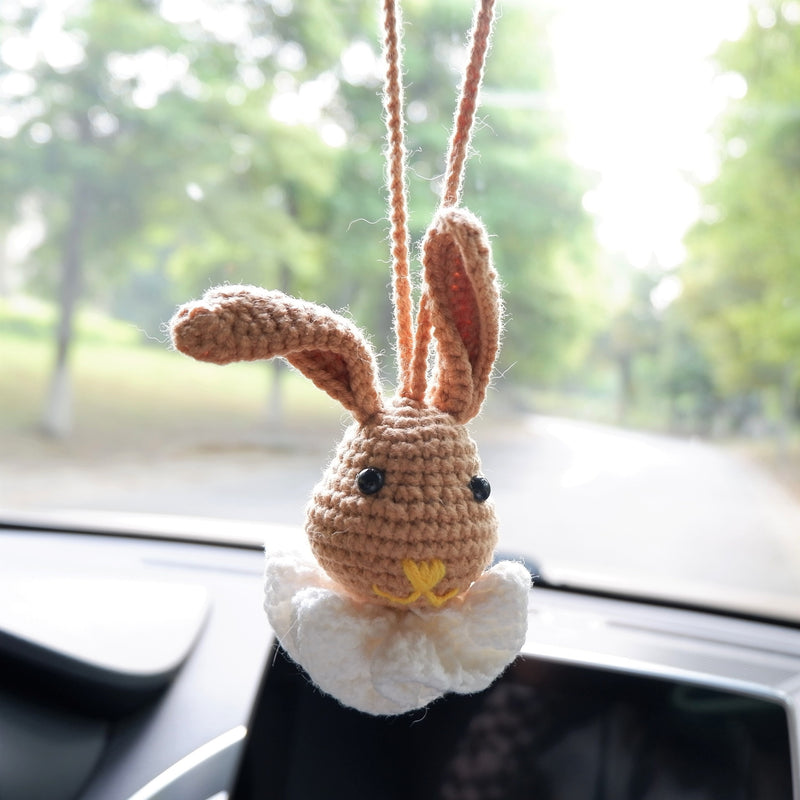 Crochet Bunny Head Car Hanging Accessory, Kawaii Brown Gentle Bunny Car Mirror Hanging Accessory, Cute Car Interior Decor for Women/Teens